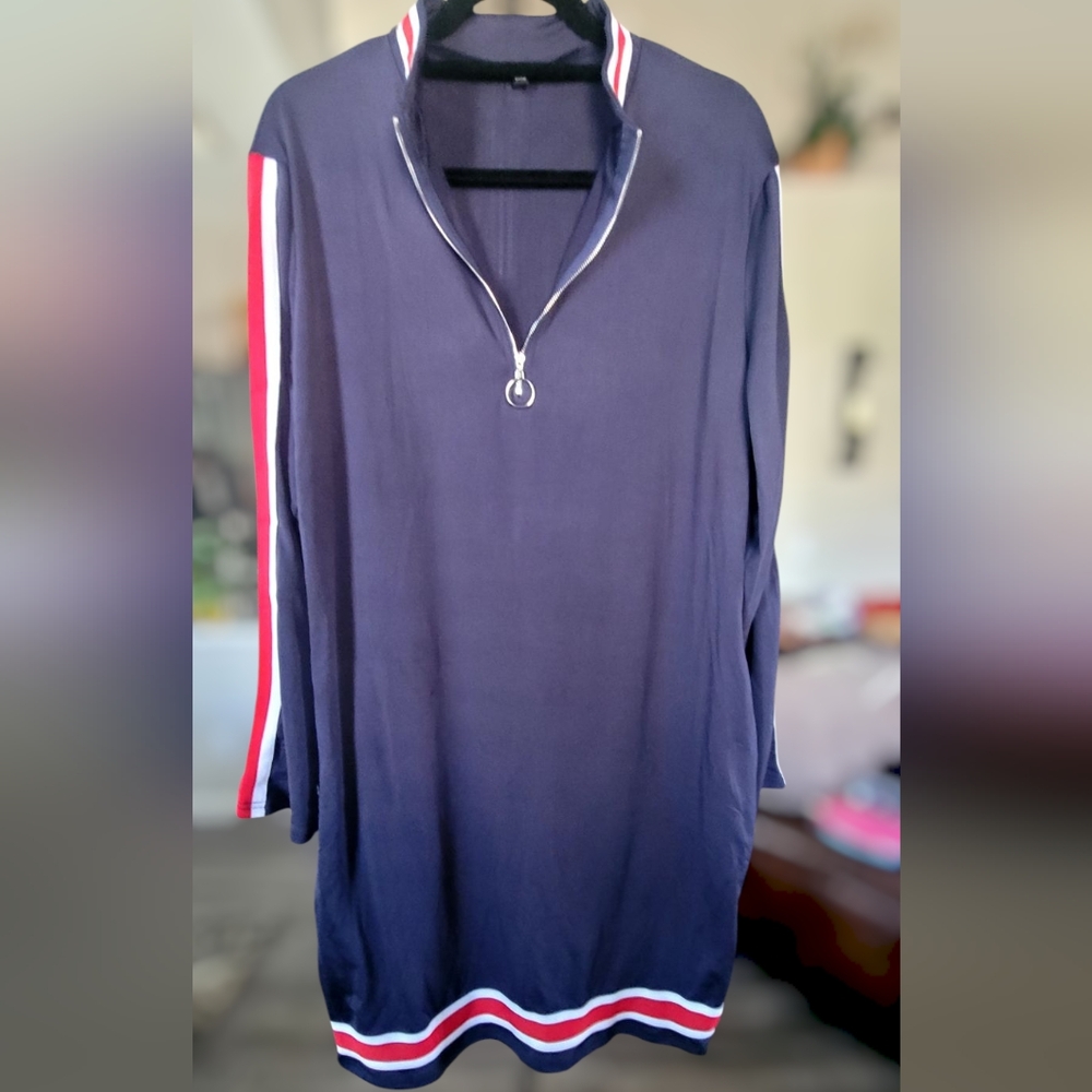 Navy Long Sleeve Sporty Dress with Red and White Stripes.  Y28